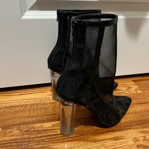 Gently worn mesh boots with plexiglass heels